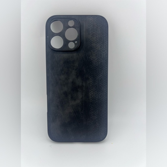 iPhone 16 Pro Max Case – Matte Black Faux Leather with Etched Geometric Design - Picture 4 of 5